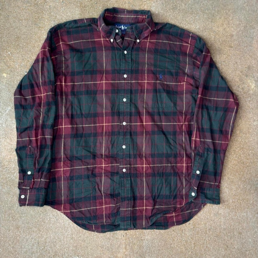 Polo Ralph Lauren Blaire Mens Large Red Green Plaid Cotton Button Down Shirt